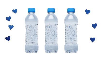 Three Bottles of Refreshing Water with Blue Hearts in Transparent Background