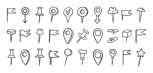 Pins hand drawn doodle set. Pin line drawing style for planner or map. Pins variable icons