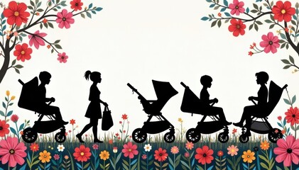 Black and white stroller silhouettes arranged in a whimsical floral pattern , child, paper