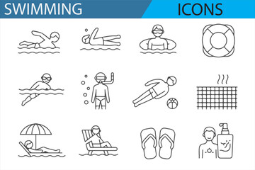 Flat Design Swimming Icon Set for Fitness and Recreation