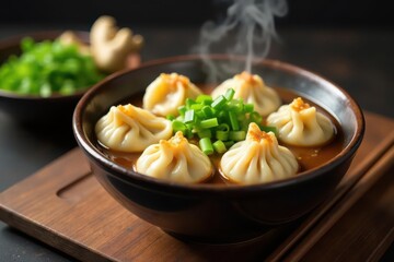 Steaming bowl of dumplings, chopsticks, ginger, scallions, photography, isolated