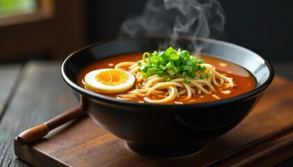 Steaming bowl of ramen, chopsticks, green onions, asian, delicious