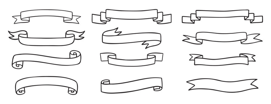 ribbons template for text doodle hand drawn icon set. Outline drawing medieval ribbons template line clipart symbol collection