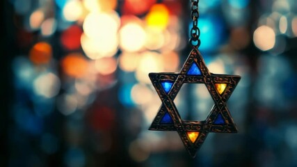 Hanging Star of David pendant with blue and amber stained glass background, soft focus bokeh lights in warm tones, for Hanukkah visuals, religious content, Jewish culture promos - Powered by Adobe