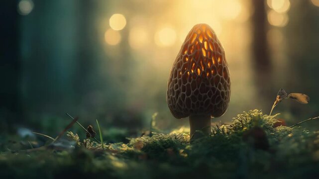 Glowing morel mushroom in enchanted forest illuminated by soft golden light at dusk, in earthy green and amber tones, for fairytale content, eco stories, wellness visuals, fantasy nature backgrounds
