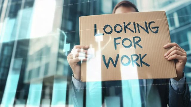 Unemployed person holding &ldquo;Looking for Work&rdquo; sign over financial chart with moving candlesticks in cool blue tones, for economic crisis visuals, job loss stories, unemployment content, with copy space
