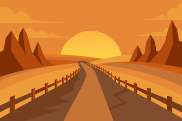 Obraz premium Desert road at sunset with orange sky and mountains, a summer travel landscape illustration