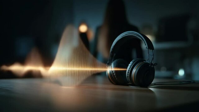 Studio headphones on wooden table with glowing golden audio waveform in dark ambient sound design scene, moody cinematic loop for podcast branding, music production visuals, and creative storytelling