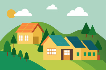 Naklejka premium Vector illustration of a village with houses nestled in a summer forest landscape