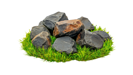 Cluster of Grey and Brown Rocks Nestled in Lush Green Grass, Isolated on Transparent Background