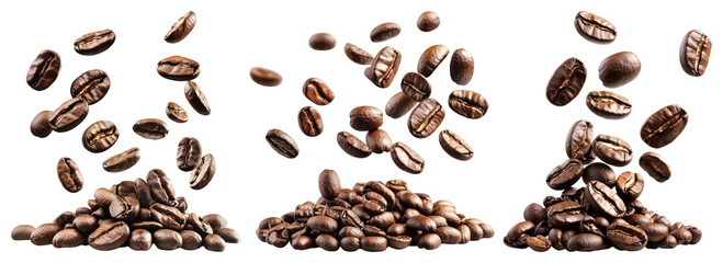 Obraz premium PNG Floating aromatic coffee beans, element set on transparent background