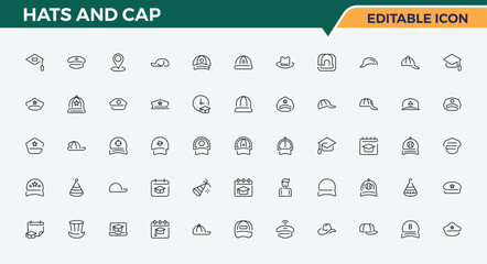 Hats And Cap simple icon set. Trendy minimal icons. Fashion linear icon set. Includes symbols for man, graduation, fashion, hat, wear, cowboy and more.