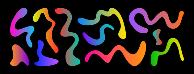 Line shape color gradient, playful swirl pattern, neon wave on black bg, organic 3d ribbon, fluid form rainbow on chalkboard, spiral dynamic doodle, colorful spot text set. Play vector illustration
