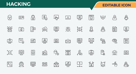 Hacking icon set in linear style. It contains symbols to hacker, fraud, cyber, security, hack and more. Security icon set. Outline symbol collection. Editable stroke. Vector collection. © Cats2udio