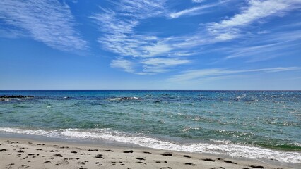 Pure and clear turquoise water of the Sardinian sea at Berchida beach south of Siniscola, in the...
