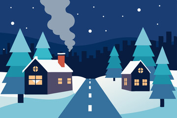 Fototapeta premium Christmas winter night landscape with a festive house and snow-covered trees in a charming village scene