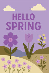A poster with purple flowers and the words hello spring 