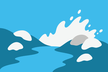 An abstract vector illustration of a blue sky landscape with clouds, sun, and ocean waves