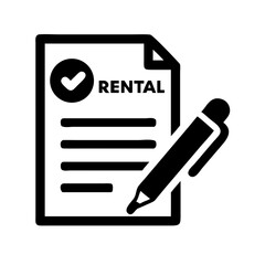Rental Agreement: Minimal line icon of a rental contract with pen and check mark, perfect for illustrating lease agreements, rental approvals, and property paperwork.