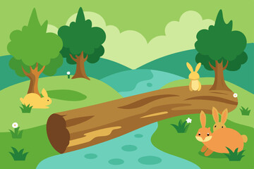 Obraz premium Nature landscape vector illustration of a summer forest with a river, green trees, grass, and a bright sky with clouds