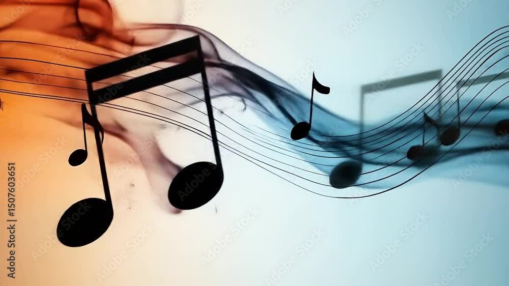 Poster abstract animation of floating music notes over colored smoke waves, symbolizing harmony, creativity