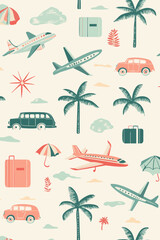 Tropical Travel Themed Vector Background with Palm Trees, Planes and Copy Space for Vacation Design