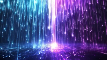 Vertical neon data streams falling in blue and purple over glowing grid, symbolizing digital rain, data flow, connection and futuristic technology - Powered by Adobe