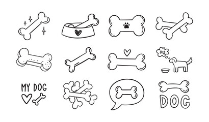 Hand drawn doodle bone for dogs set. Outline isolated drawing bones on white background. Line bone icons. 