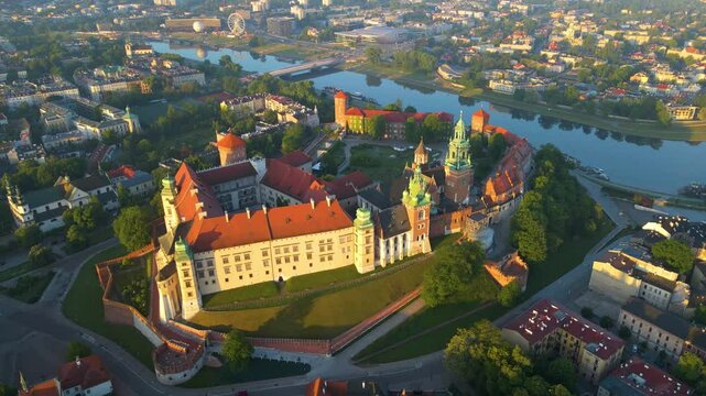 Wawel Castle architectural Krakow Poland drone view landscape city