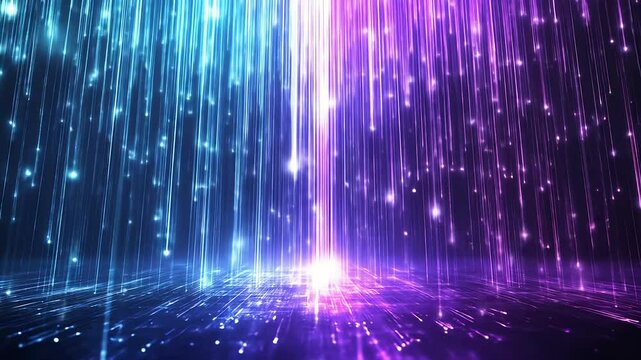 Vertical neon data streams falling in blue and purple over glowing grid, symbolizing digital rain, data flow, connection and futuristic technology