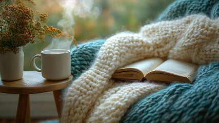 Cozy Reading Nook: A comforting scene of relaxation featuring a warm cup of coffee beside an open book, inviting you to unwind in the embrace of a cozy blanket.