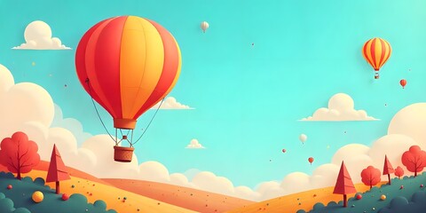 Colored hot air balloon with two people inside the basket over a yellow field with some trees and a blue sky