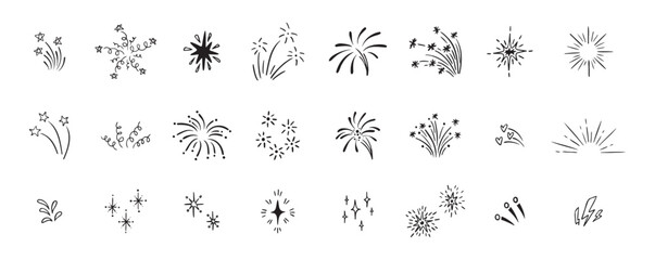 Set of cute fireworks line doodle elements. Lightning, explosion, sunburst, fireworks, bling, motion effects Party, birthday, anniversary and Christmas.