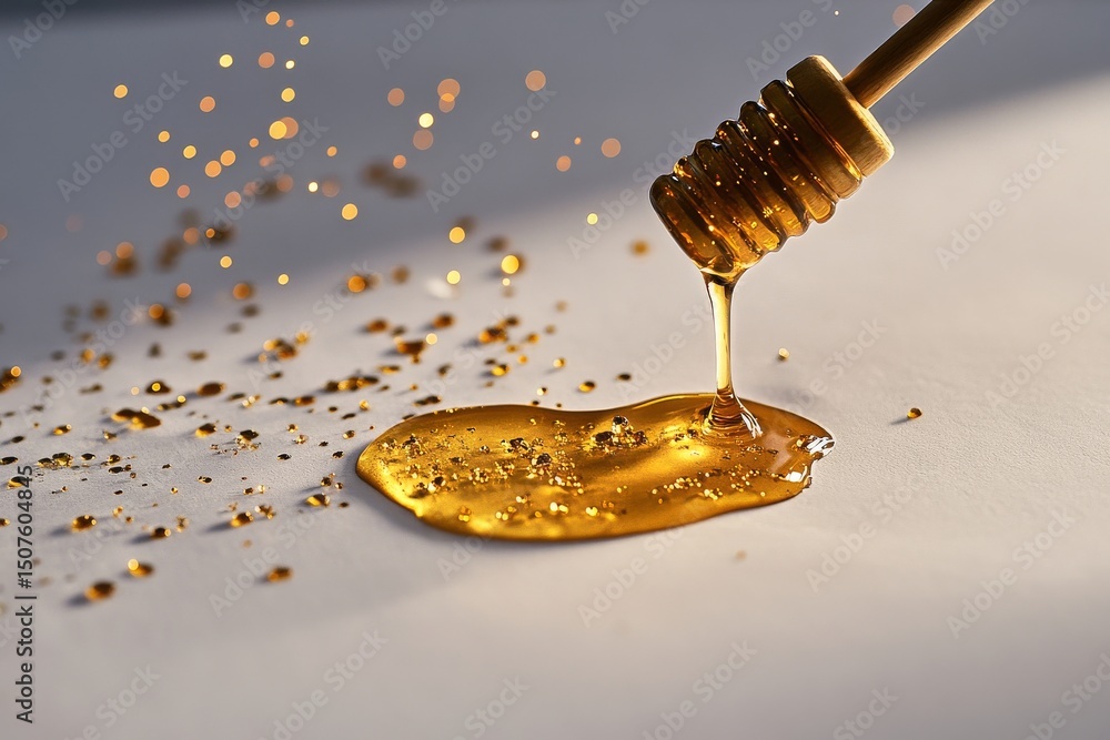 Poster golden honey dripping from a honey dipper on a smooth surface with sparkling particles in soft light