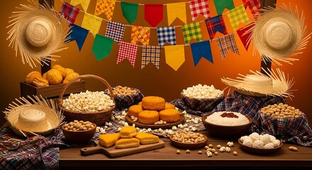 “Festa Junina Table with Typical Brazilian Foods and Rustic Decoration”