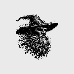 Serious sorcerer or wizard face with a long flowing beard and pointed hat. Fantasy concept