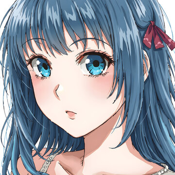 Mujer manga con cabello azul lacio y ojos a juego