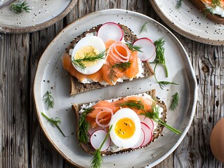 Delicious open-faced sandwich with smoked salmon, soft-boiled eggs, and fresh vegetables served on rustic wooden table
