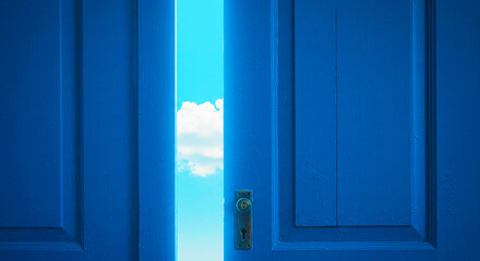 A slightly open blue door revealing a bright sky with a cloud seen through the opening of the door