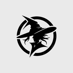 Intriguing black silhouette of a witch's head within a circular magical frame. Fantasy concept