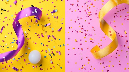 Obraz premium Festive ribbons and confetti on a vibrant background.