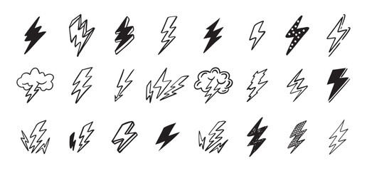 Doodle set lightning line art. Hand drawn lightning icons