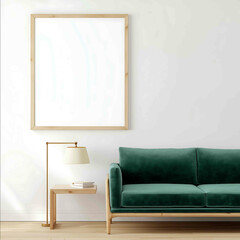 A beautiful mockup of an empty light wooden frame on the wall a white background with soft shadows and natural lighting a modern midcentury home interior a gr