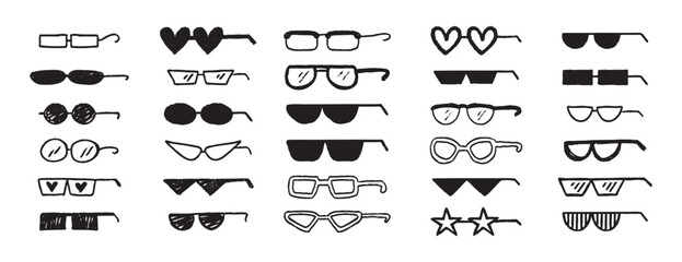Thug glasses. Cool glasses graffiti grunge black sunglasses set, brush scribble hand drawn doodle elements