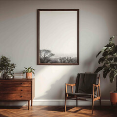 A large photo frame is facing the camera with the focus on the frame The frame is hung on the wall as the main body The entire environment imitates the simple