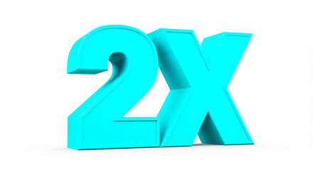 A turquoise two x symbol standing on a white surface indicating a double or times two concept image