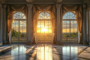 Obraz premium Grand ballroom with arched windows and golden sunset view through elegant curtains