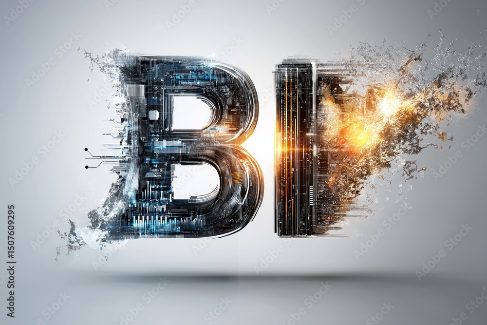 Poster Business Intelligence concept with digital fragmented letters and glowing sparks representing the future of data transformation, Generative AI