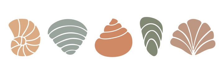 Modern seashell icons in boho style. Minimal organic marine shapes elements for beach design, logo, vacation prints, travel branding, sea decor, baby products, pattern design, eco packaging