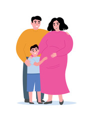 Family happy together waiting for baby's birth. Pregnant woman near her husband and son. Vector flat graphics.